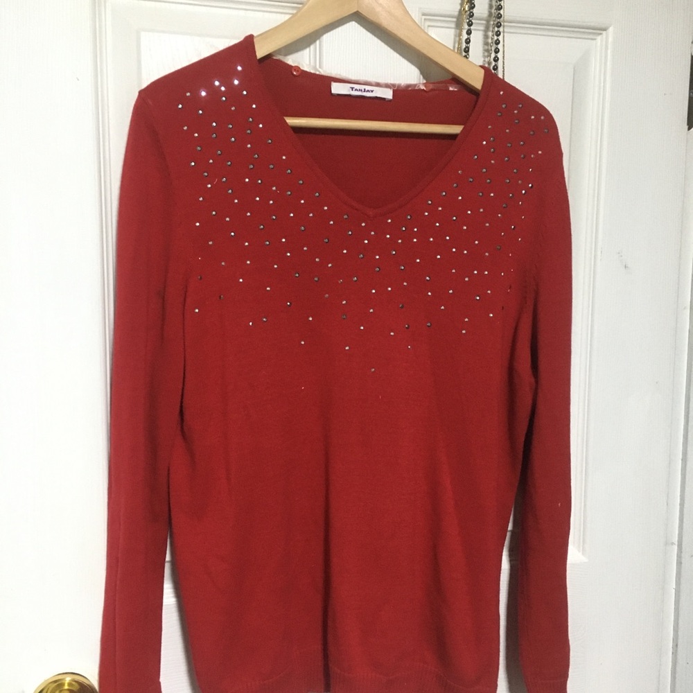Red V-Neck Sweater with Rhinestone Accent